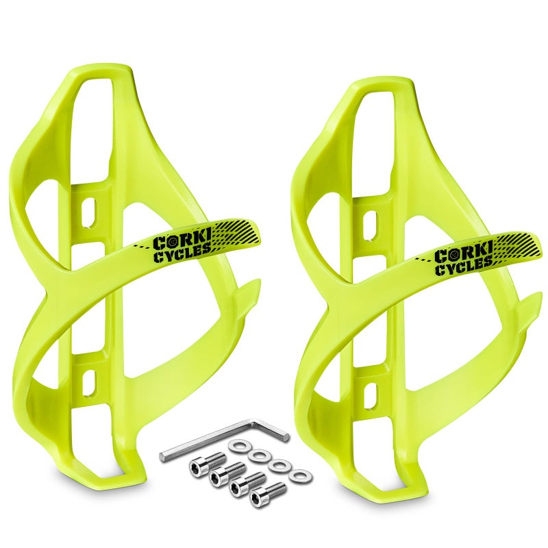 Corki Cycles Bike Water Bottle Holder Right Side Load Water Bottle Cage for Road, MTB, Gravel Bicycles Yellow 2 Pack - Image 1